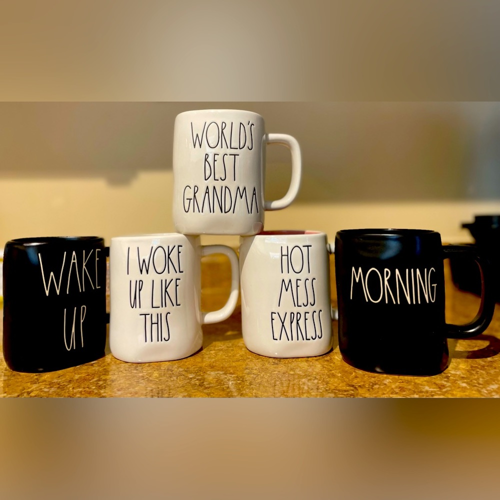Rae Dunn coffee mugs in black and white